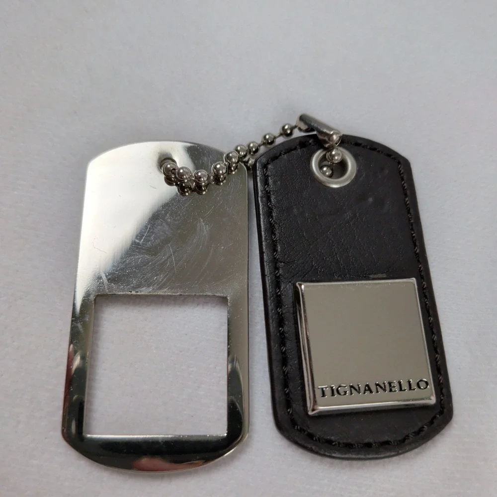 Tignanello Silver Tone Metal and Brown Leather Dog Tag Purse Charm Keychain